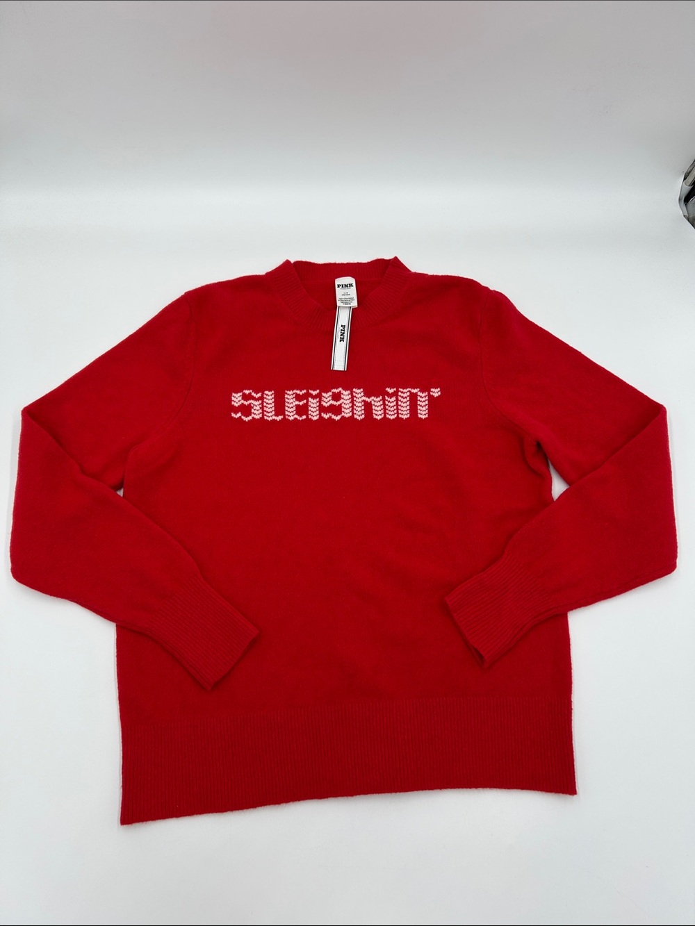 PINK Victoria's Secret Women’s Cozy Red Crewneck Sweater with White Logo L NWT